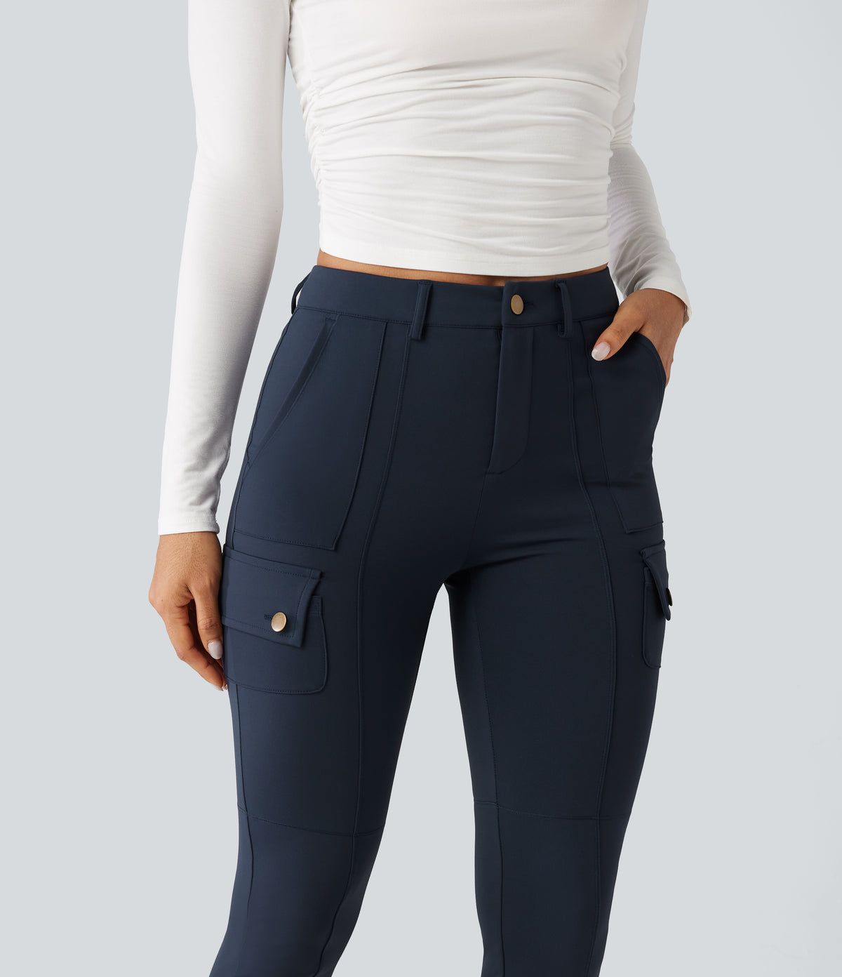 High Waisted Butt Lifting Shaping Casual Cargo Trousers with Pockets — Midnight Blue — view 7