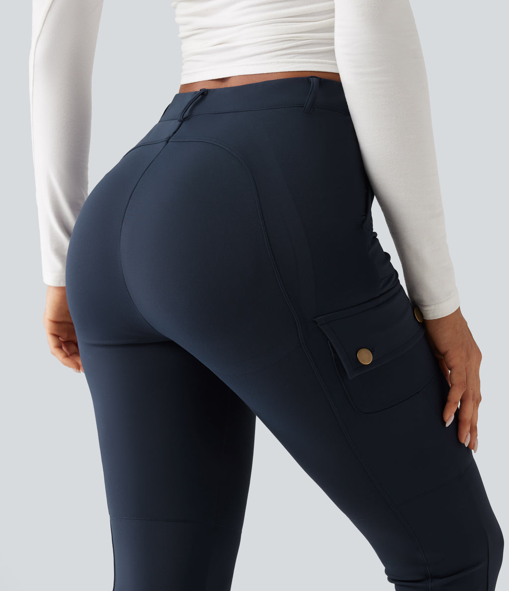 High Waisted Butt Lifting Shaping Casual Cargo Trousers with Pockets — Midnight Blue — view 6