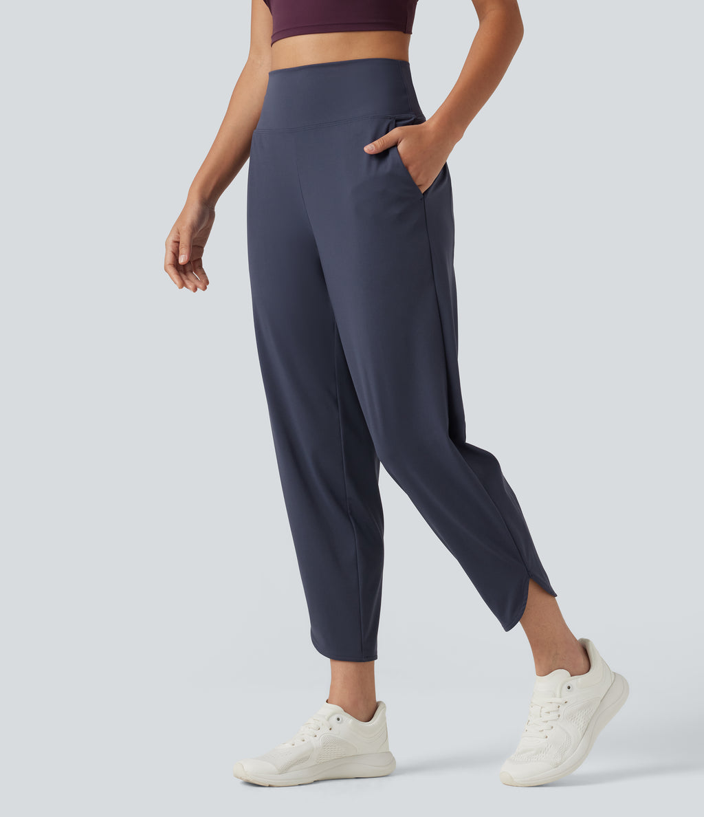 High Waisted Inner Drawstring Cropped Curved Hem InstantCool Quick Dry Running Trousers with Pockets-UPF50+ — Mood Indigo — view 3