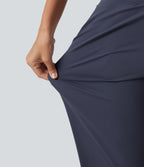 High Waisted Inner Drawstring Cropped Curved Hem InstantCool Quick Dry Running Trousers with Pockets-UPF50+ — Mood Indigo — view 8