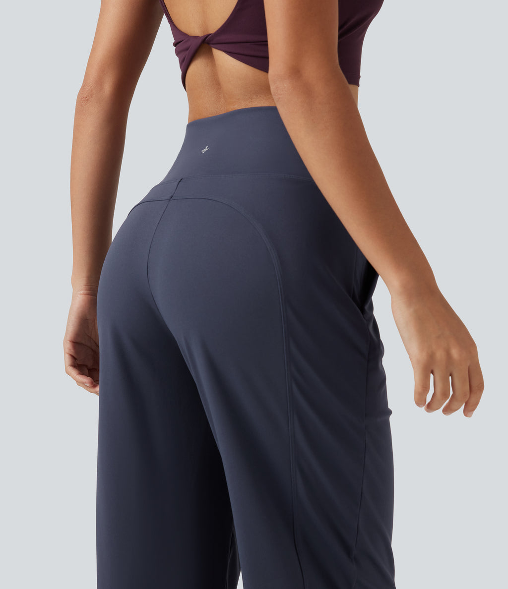 High Waisted Inner Drawstring Cropped Curved Hem InstantCool Quick Dry Running Trousers with Pockets-UPF50+ — Mood Indigo — view 5