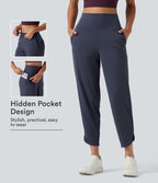 High Waisted Inner Drawstring Cropped Curved Hem InstantCool Quick Dry Running Trousers with Pockets-UPF50+ — Mood Indigo — view 1