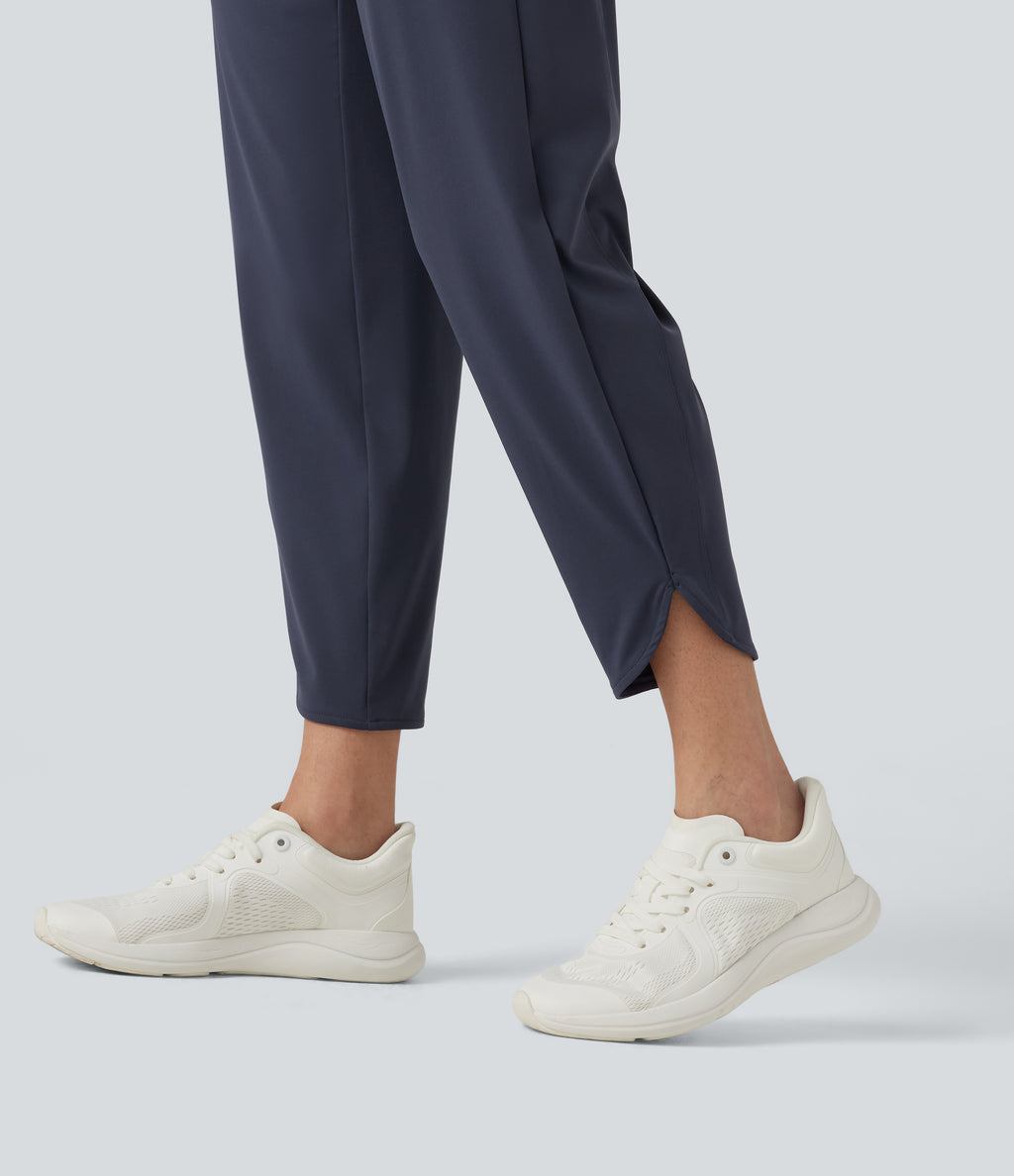 High Waisted Inner Drawstring Cropped Curved Hem InstantCool Quick Dry Running Trousers with Pockets-UPF50+ — Mood Indigo — view 7
