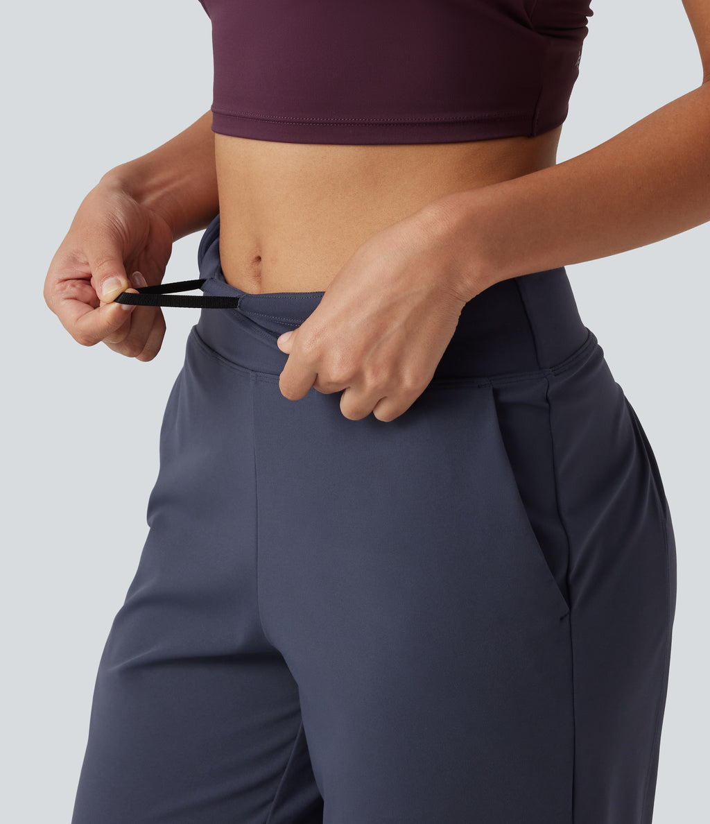 High Waisted Inner Drawstring Cropped Curved Hem InstantCool Quick Dry Running Trousers with Pockets-UPF50+ — Mood Indigo — view 4