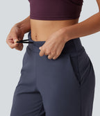 High Waisted Inner Drawstring Cropped Curved Hem InstantCool Quick Dry Running Trousers with Pockets-UPF50+ — Mood Indigo — view 4