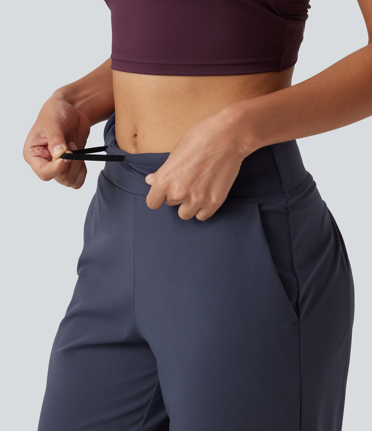 High Waisted Inner Drawstring Cropped Curved Hem InstantCool Quick Dry Running Trousers with Pockets-UPF50+ — Mood Indigo — view 4