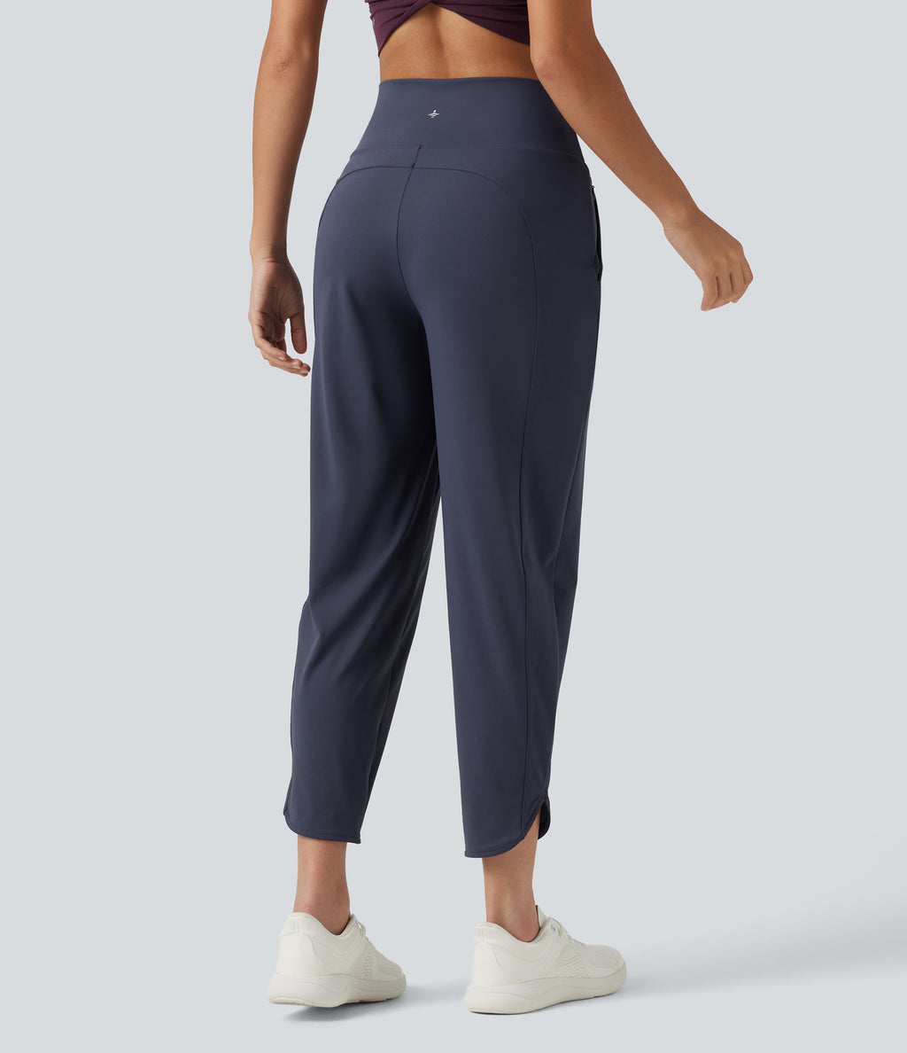 High Waisted Inner Drawstring Cropped Curved Hem InstantCool Quick Dry Running Trousers with Pockets-UPF50+ — Mood Indigo — view 2