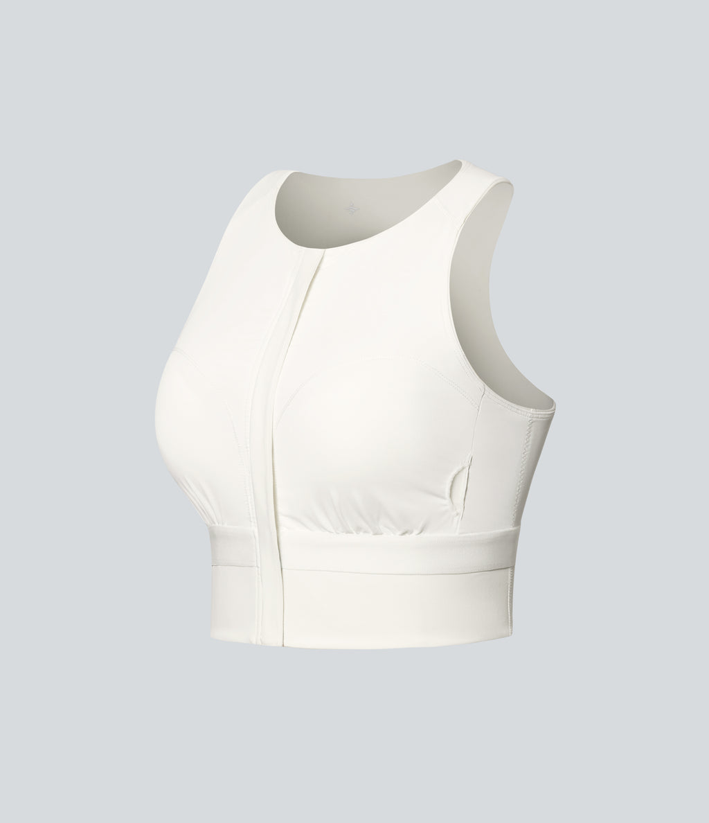 Round Neck Built-in Bra InstantCool Quick Dry Cropped Running Tank Top with Pockets-UPF50+ — White — view 8