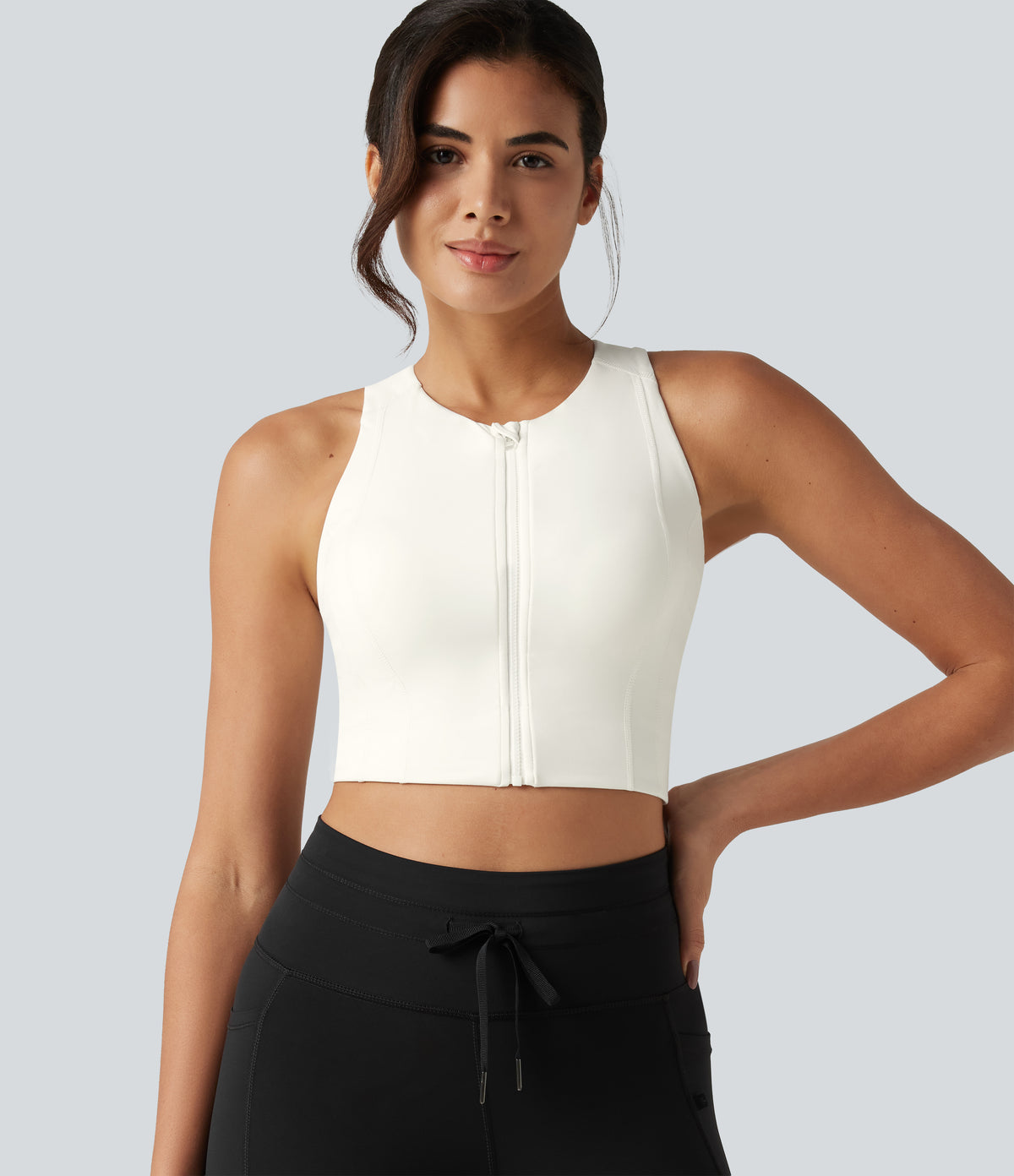 Round Neck Built-in Bra InstantCool Quick Dry Cropped Running Tank Top with Pockets-UPF50+ — White — view 5