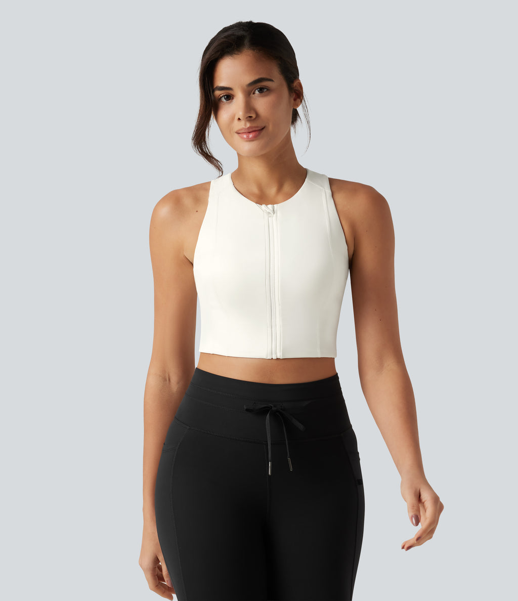 Round Neck Built-in Bra InstantCool Quick Dry Cropped Running Tank Top with Pockets-UPF50+ — White — view 3