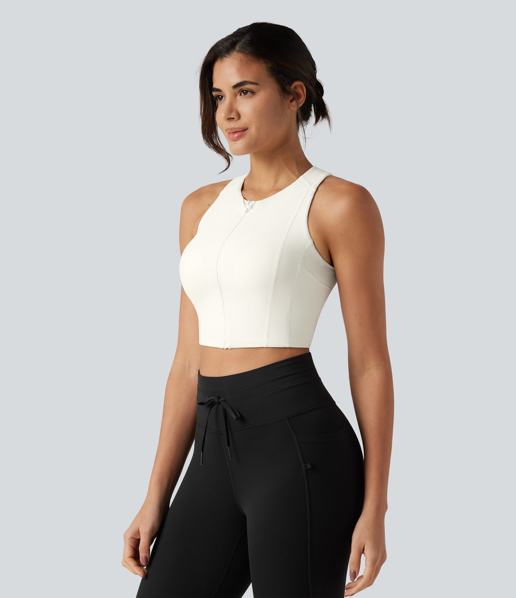 Round Neck Built-in Bra InstantCool Quick Dry Cropped Running Tank Top with Pockets-UPF50+ — White — view 4