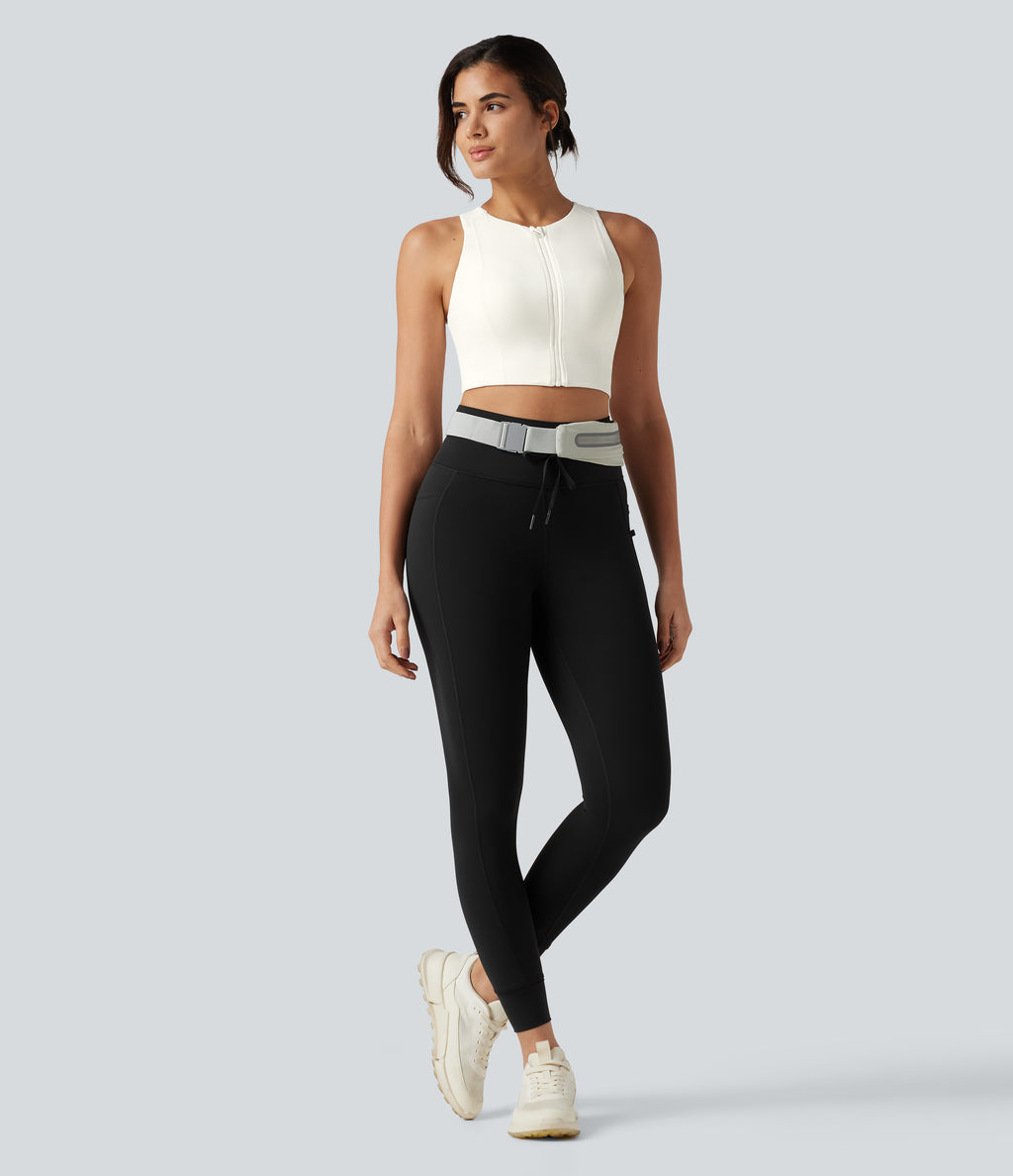Round Neck Built-in Bra InstantCool Quick Dry Cropped Running Tank Top with Pockets-UPF50+ — White — view 7