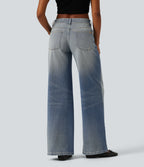 Low Rise Wide Leg Washed Casual Jeans with Pockets — Coronet Blue Denim — view 2