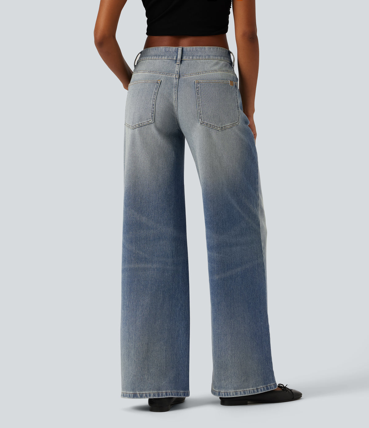 Low Rise Wide Leg Washed Casual Jeans with Pockets — Coronet Blue Denim — view 2