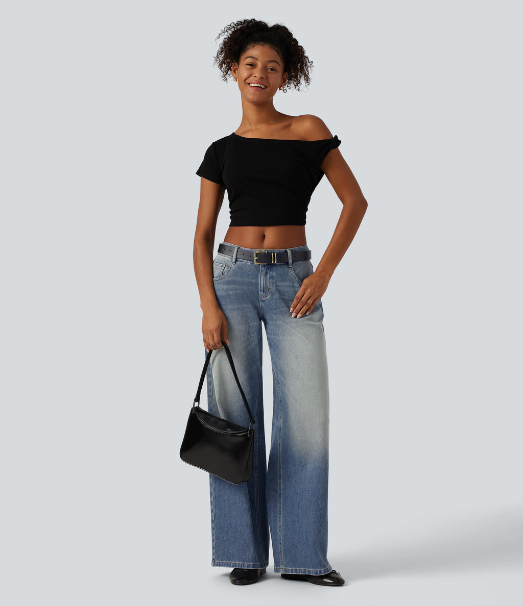 Low Rise Wide Leg Washed Casual Jeans with Pockets — Coronet Blue Denim — view 7