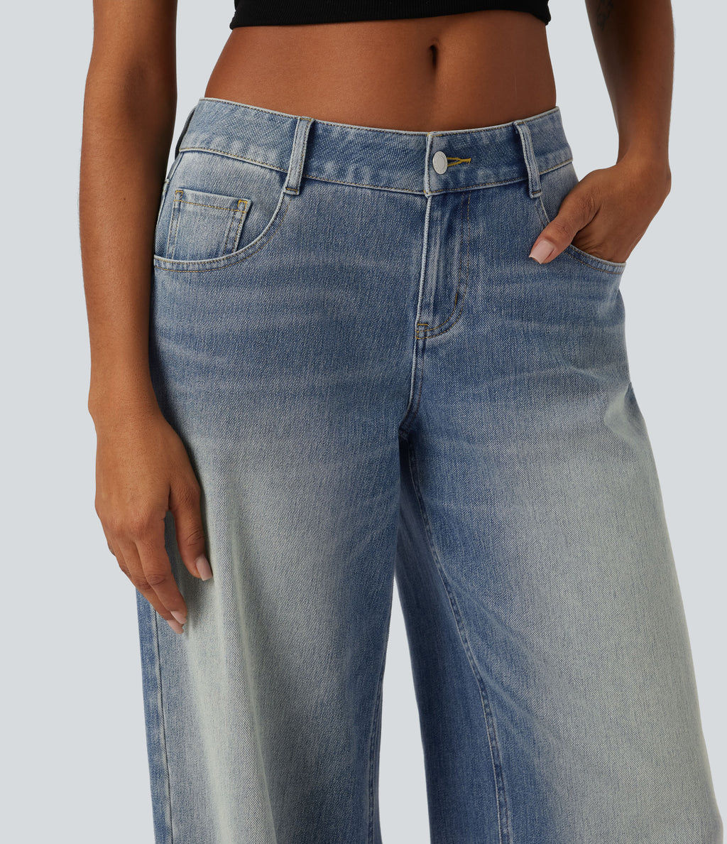 Low Rise Wide Leg Washed Casual Jeans with Pockets — Coronet Blue Denim — view 4