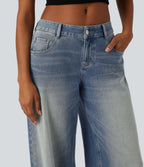 Low Rise Wide Leg Washed Casual Jeans with Pockets — Coronet Blue Denim — view 4