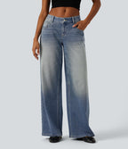 Low Rise Wide Leg Washed Casual Jeans with Pockets — Coronet Blue Denim — view 3