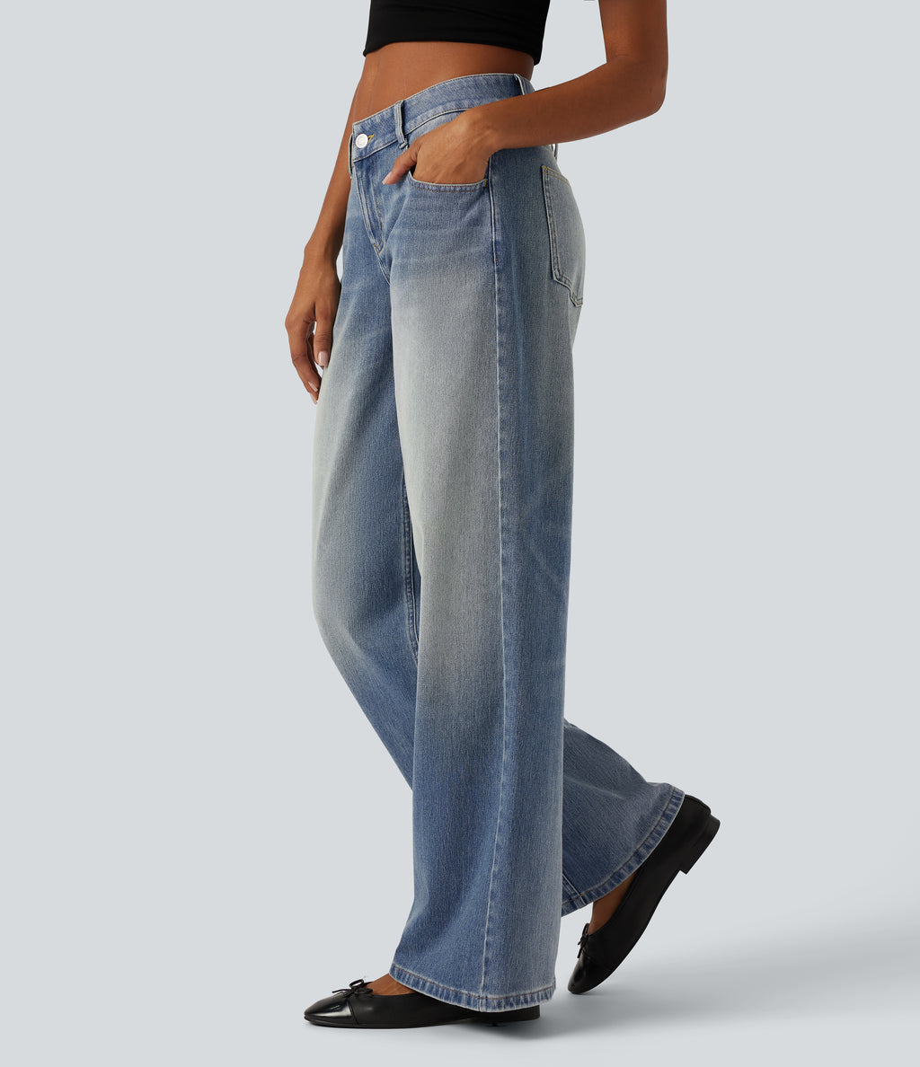 Low Rise Wide Leg Washed Casual Jeans with Pockets — Coronet Blue Denim — view 1