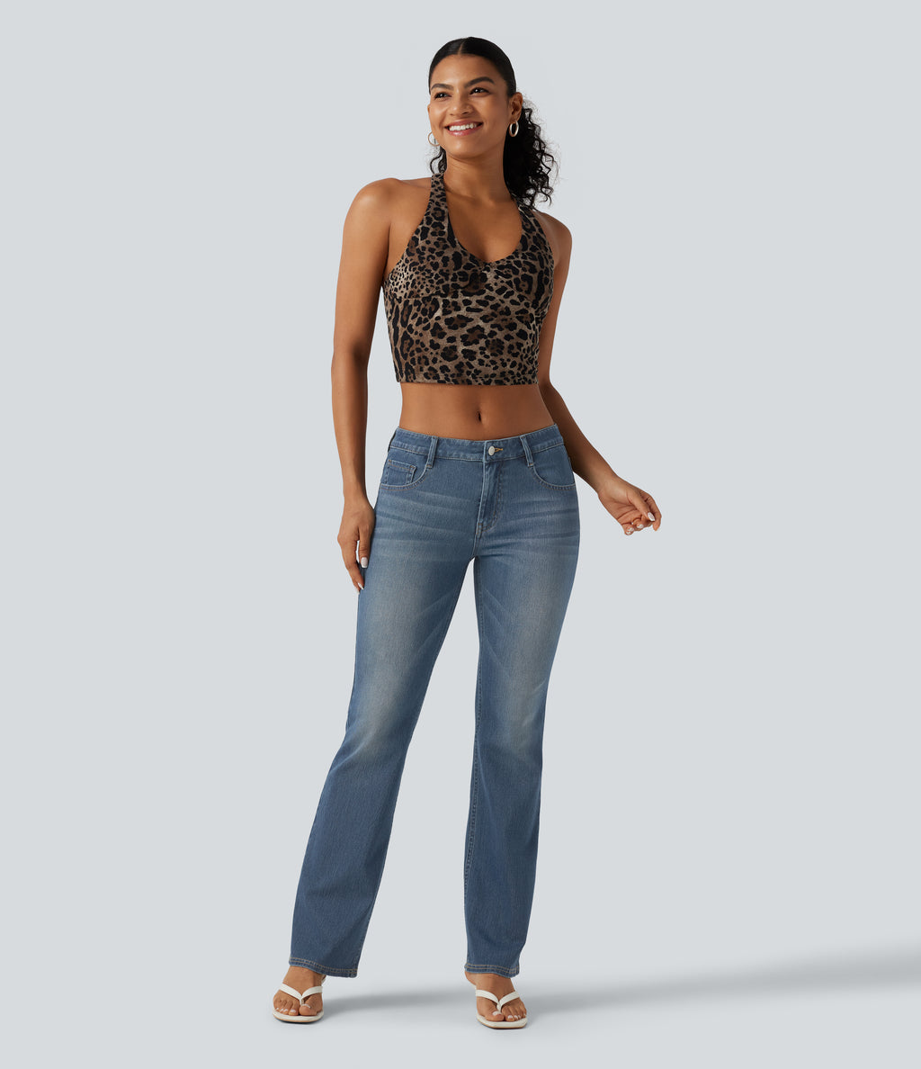 Low Rise Washed Bootcut Casual Jeans with Pockets — Coronet Blue Denim — view 7