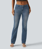 Low Rise Washed Bootcut Casual Jeans with Pockets — Coronet Blue Denim — view 3