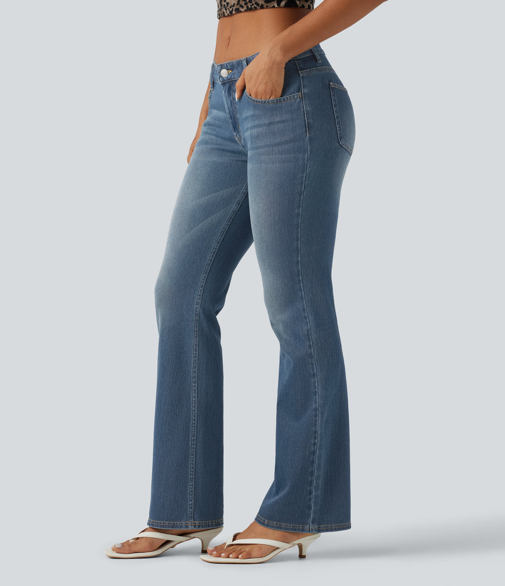Low Rise Washed Bootcut Casual Jeans with Pockets — Coronet Blue Denim — view 1
