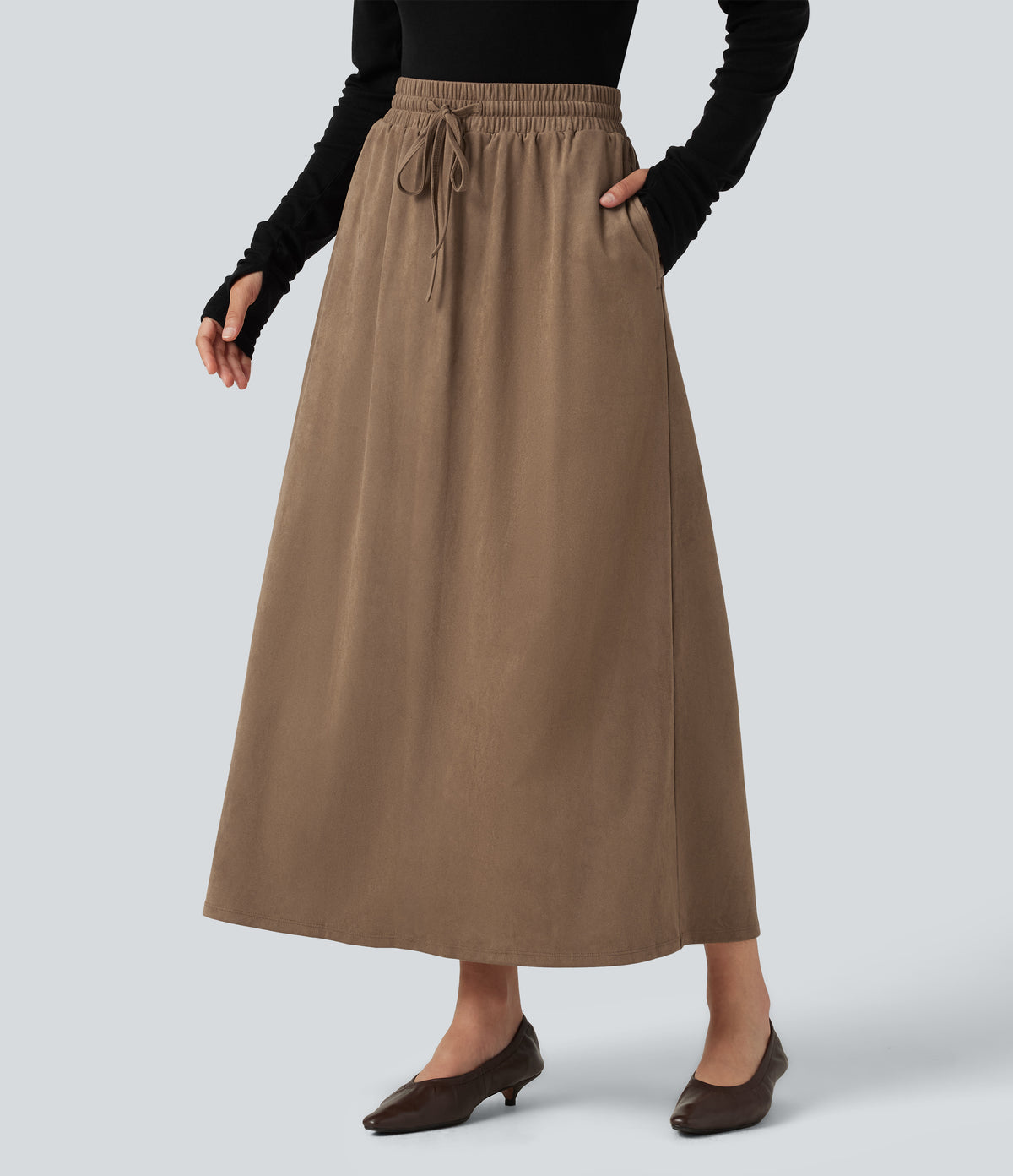 High Waisted Drawstring A Line Suede Midi Casual Skirt with Pockets — Coca Mocha — view 3