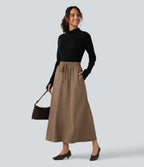 High Waisted Drawstring A Line Suede Midi Casual Skirt with Pockets — Coca Mocha — view 7