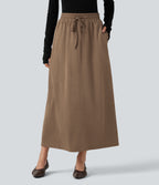 High Waisted Drawstring A Line Suede Midi Casual Skirt with Pockets — Coca Mocha — view 1