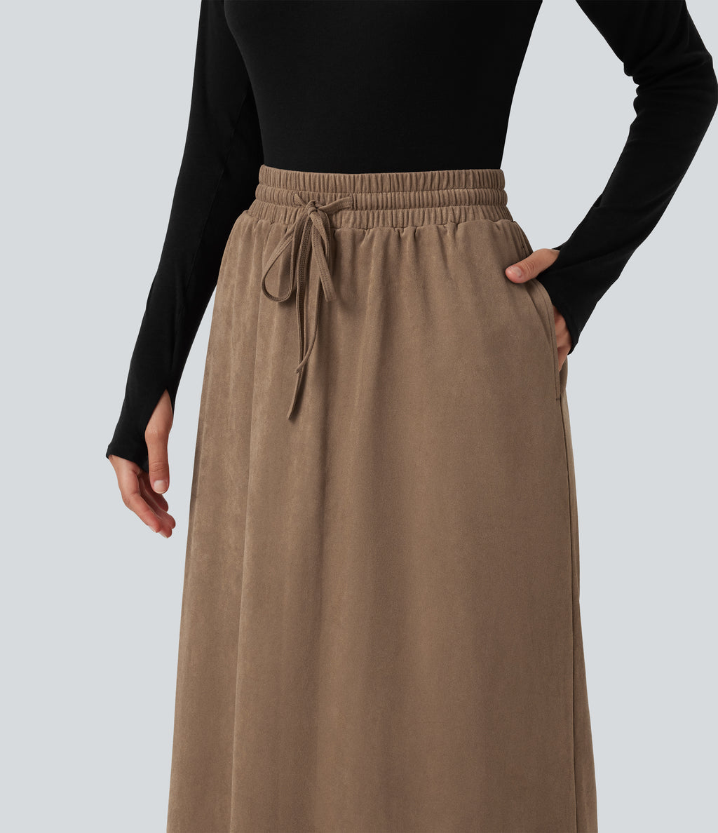 High Waisted Drawstring A Line Suede Midi Casual Skirt with Pockets — Coca Mocha — view 4