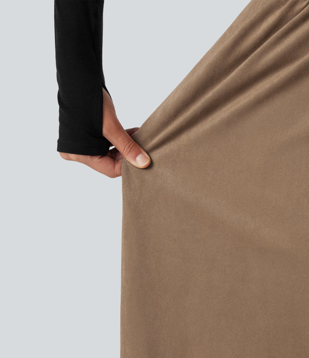 High Waisted Drawstring A Line Suede Midi Casual Skirt with Pockets — Coca Mocha — view 6