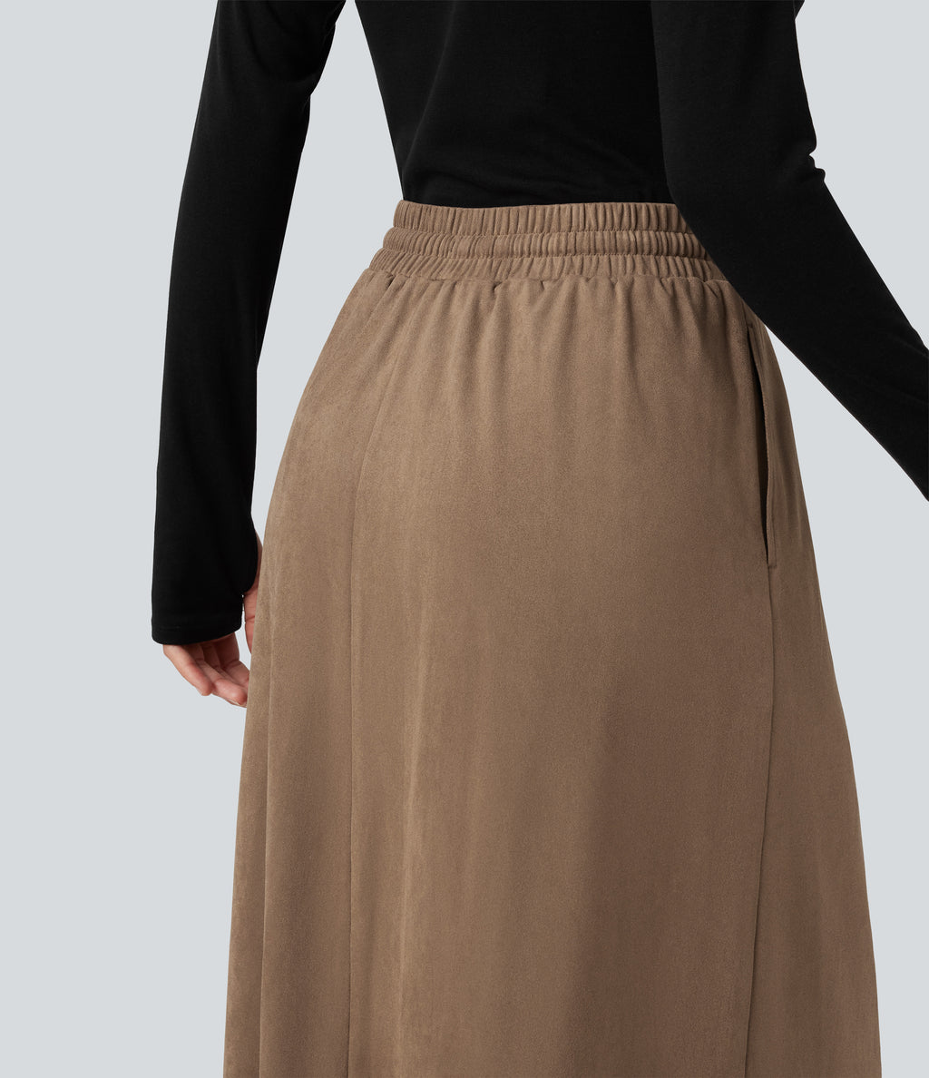High Waisted Drawstring A Line Suede Midi Casual Skirt with Pockets — Coca Mocha — view 5