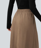 High Waisted Drawstring A Line Suede Midi Casual Skirt with Pockets — Coca Mocha — view 5