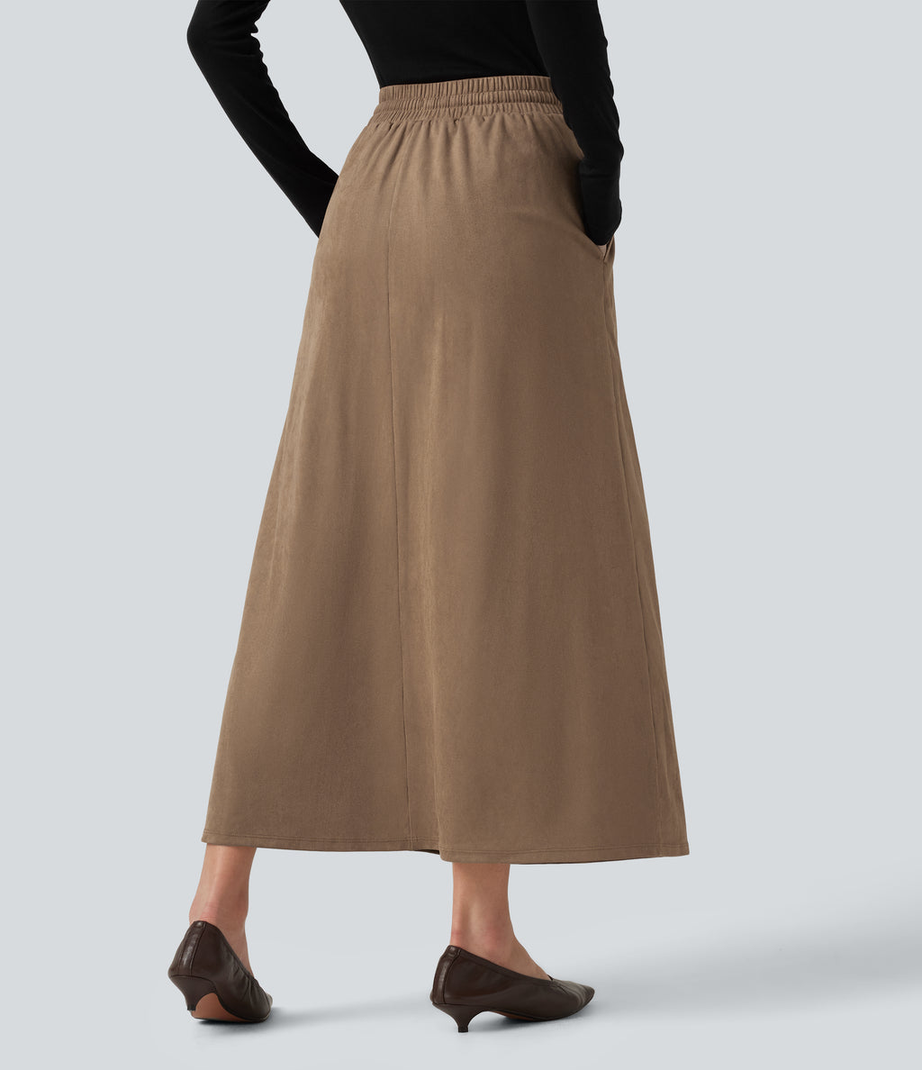 High Waisted Drawstring A Line Suede Midi Casual Skirt with Pockets — Coca Mocha — view 2