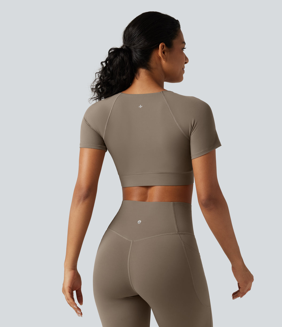 V Neck Built-in Bra Short Sleeve Crossover Hem Cropped Workout Sports Top DD-F Cups — Dawn Brown — view 2