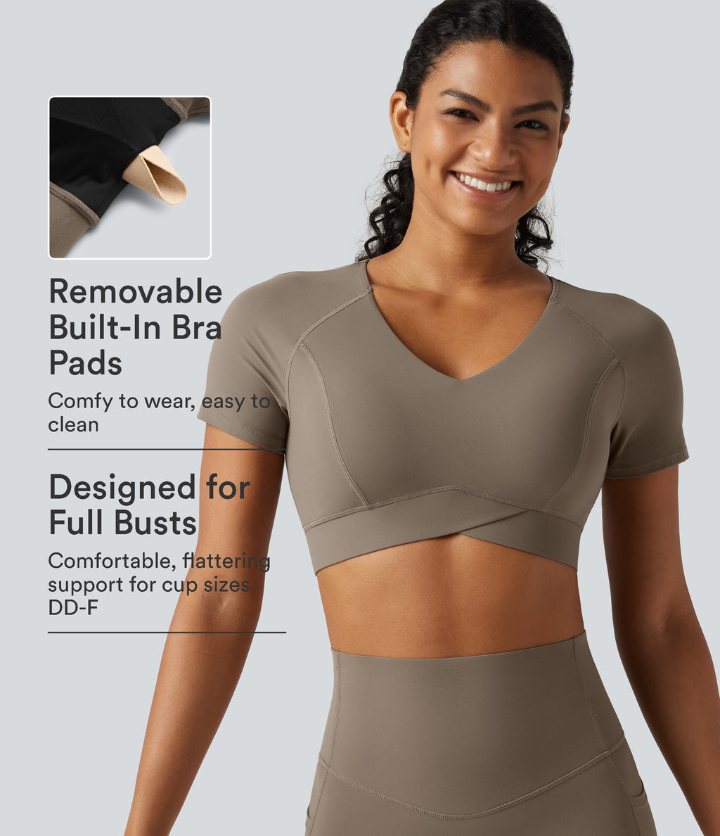 V Neck Built-in Bra Short Sleeve Crossover Hem Cropped Workout Sports Top DD-F Cups — Dawn Brown — view 1