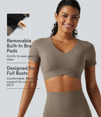 V Neck Built-in Bra Short Sleeve Crossover Hem Cropped Workout Sports Top DD-F Cups — Dawn Brown — view 1