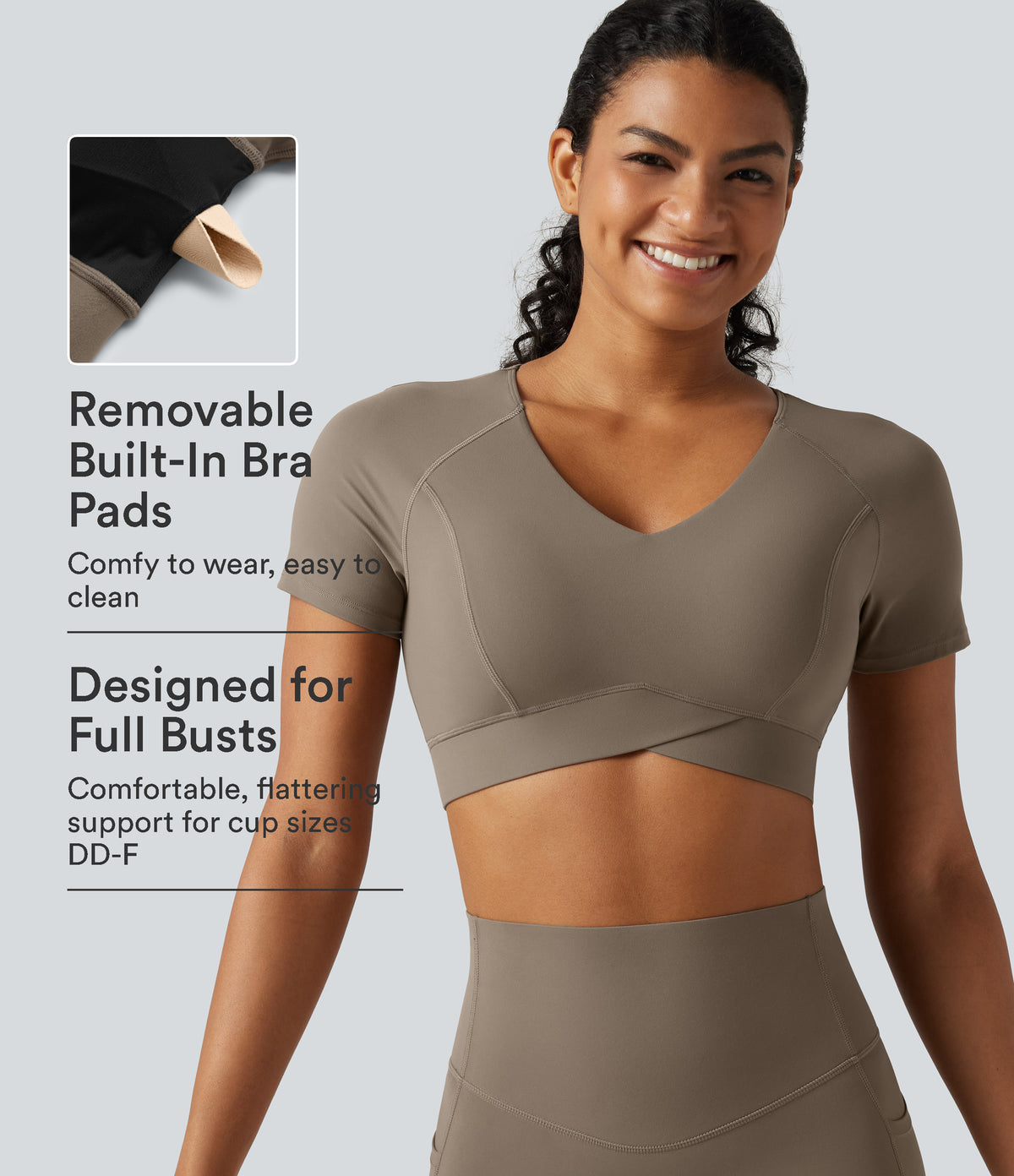 V Neck Built-in Bra Short Sleeve Crossover Hem Cropped Workout Sports Top DD-F Cups — Dawn Brown — view 1