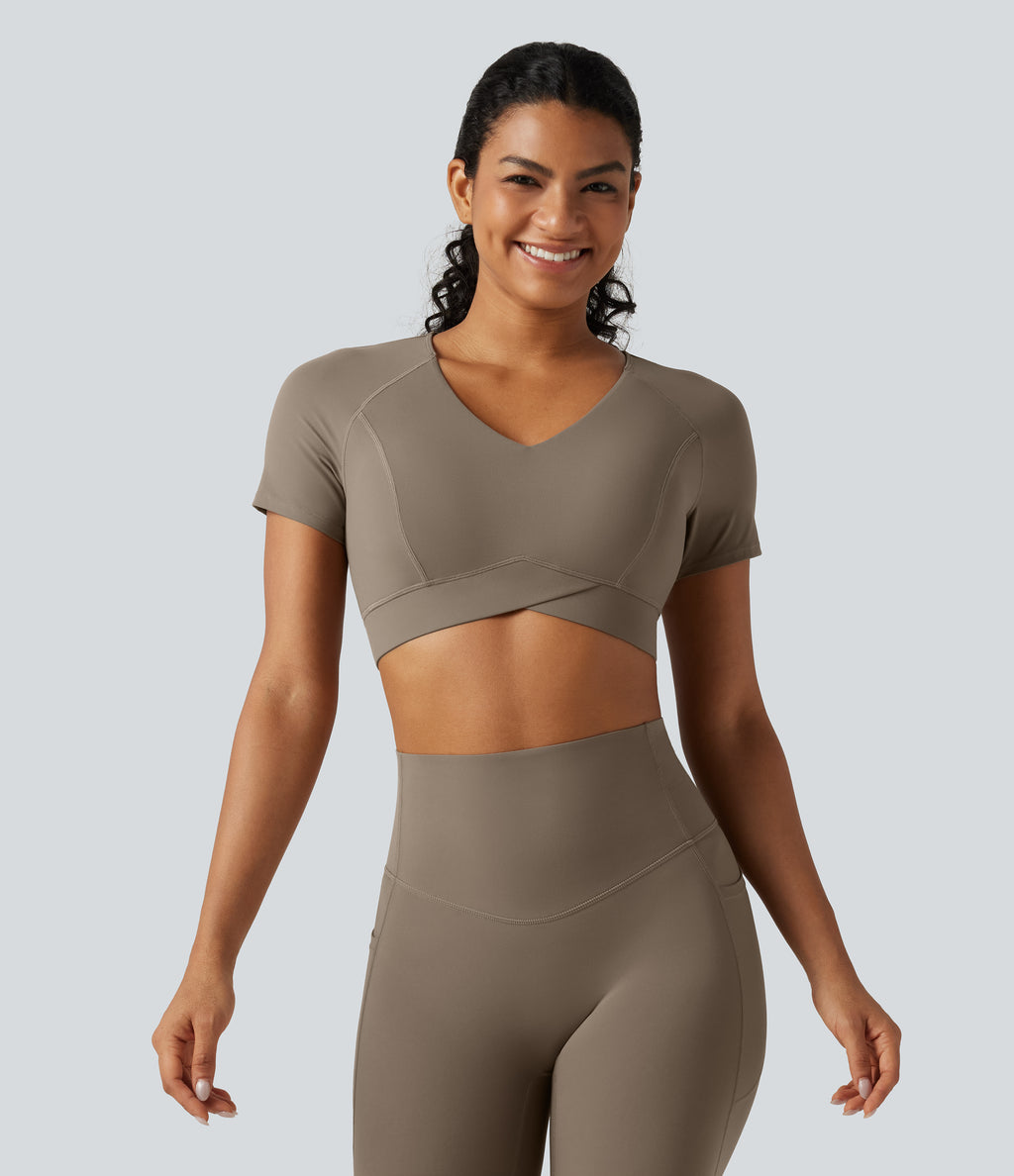 V Neck Built-in Bra Short Sleeve Crossover Hem Cropped Workout Sports Top DD-F Cups — Dawn Brown — view 4