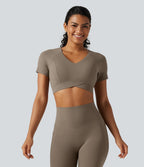 V Neck Built-in Bra Short Sleeve Crossover Hem Cropped Workout Sports Top DD-F Cups — Dawn Brown — view 4