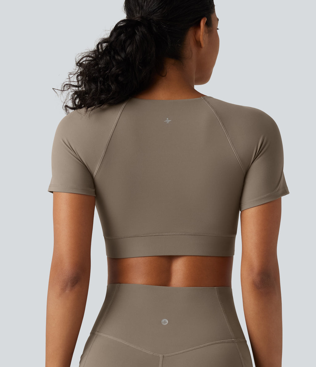 V Neck Built-in Bra Short Sleeve Crossover Hem Cropped Workout Sports Top DD-F Cups — Dawn Brown — view 5