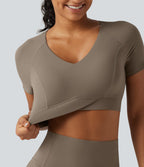 V Neck Built-in Bra Short Sleeve Crossover Hem Cropped Workout Sports Top DD-F Cups — Dawn Brown — view 6