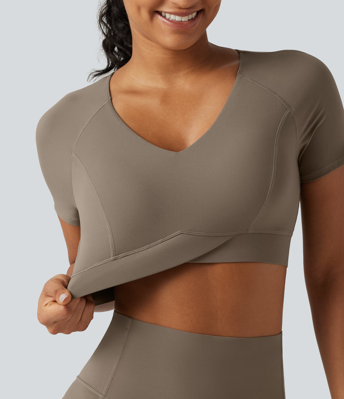 V Neck Built-in Bra Short Sleeve Crossover Hem Cropped Workout Sports Top DD-F Cups — Dawn Brown — view 6