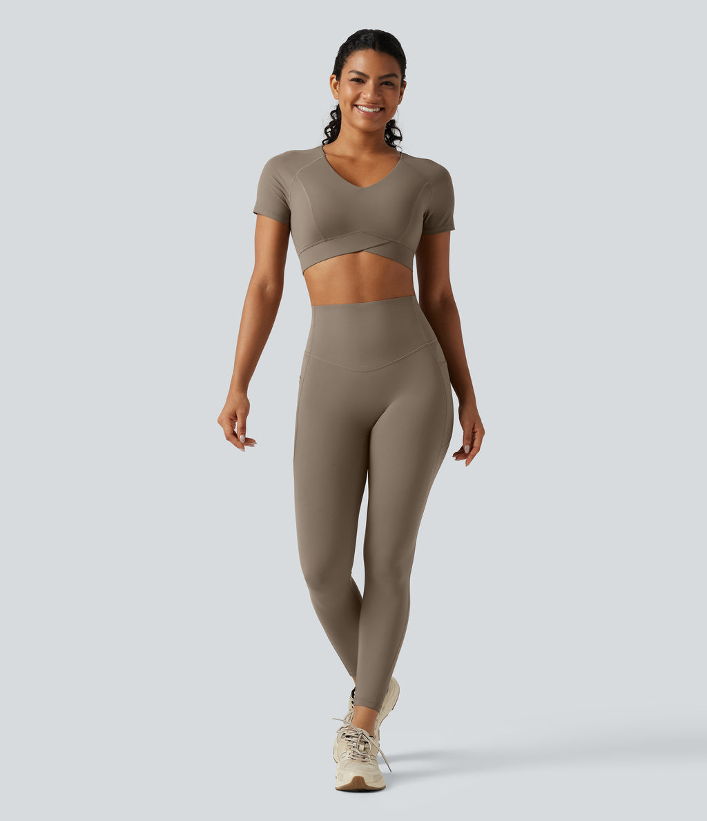 V Neck Built-in Bra Short Sleeve Crossover Hem Cropped Workout Sports Top DD-F Cups — Dawn Brown — view 7