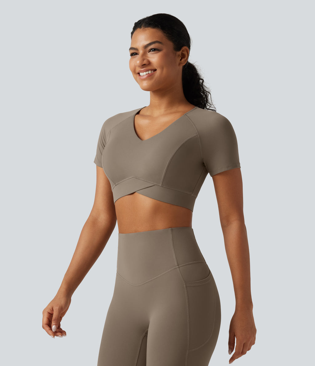 V Neck Built-in Bra Short Sleeve Crossover Hem Cropped Workout Sports Top DD-F Cups — Dawn Brown — view 3