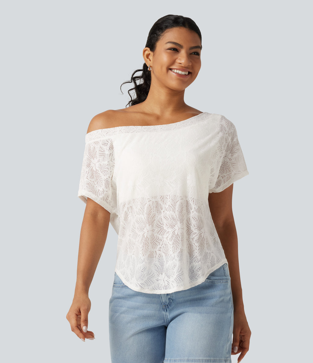 One Shoulder Short Sleeve Built-in Bra Curved Hem High Low Lace Casual Top — White — view 3