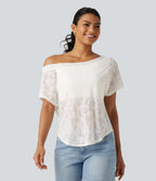 One Shoulder Short Sleeve Built-in Bra Curved Hem High Low Lace Casual Top — White — view 3