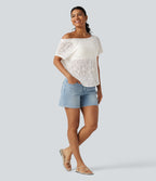 One Shoulder Short Sleeve Built-in Bra Curved Hem High Low Lace Casual Top — White — view 7