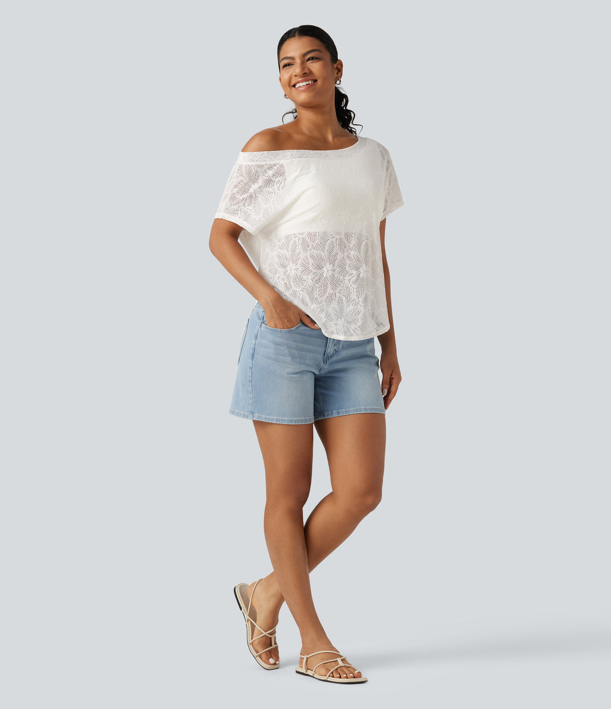One Shoulder Short Sleeve Built-in Bra Curved Hem High Low Lace Casual Top — White — view 7