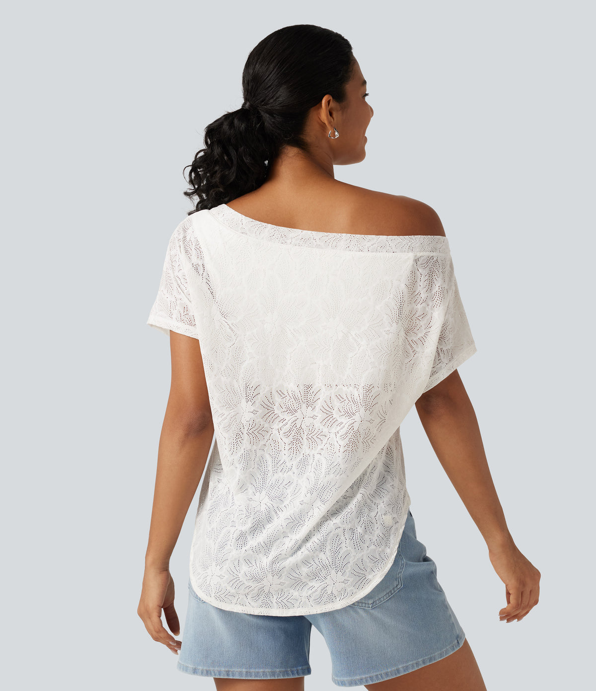 One Shoulder Short Sleeve Built-in Bra Curved Hem High Low Lace Casual Top — White — view 2